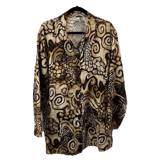Chico's Size 3 Women's US XL 100% Linen Brown Animal Print Button Up Tunic Top - Picture 1 of 11